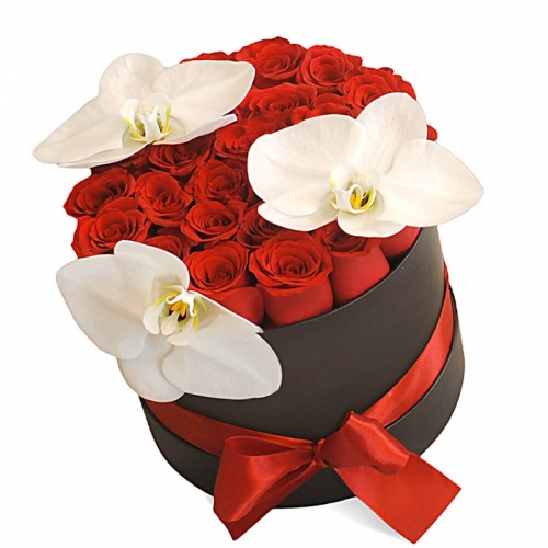 39 красных роз с Орхидеями в шляпной коробке "Тандем"